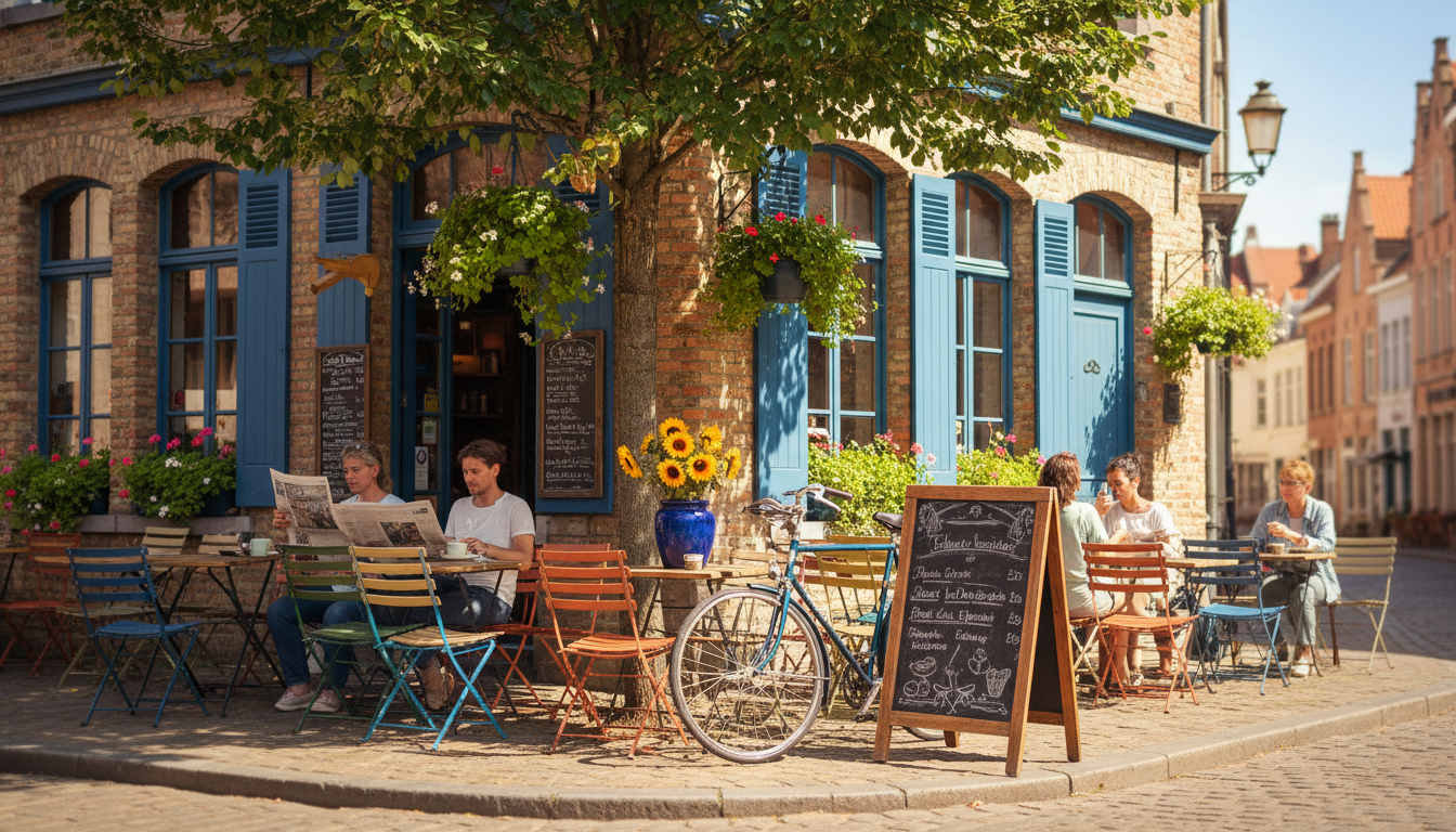 A sunny corner caf terrace in Sint-Gillis with mismatched vintage furniture, locals reading newspape