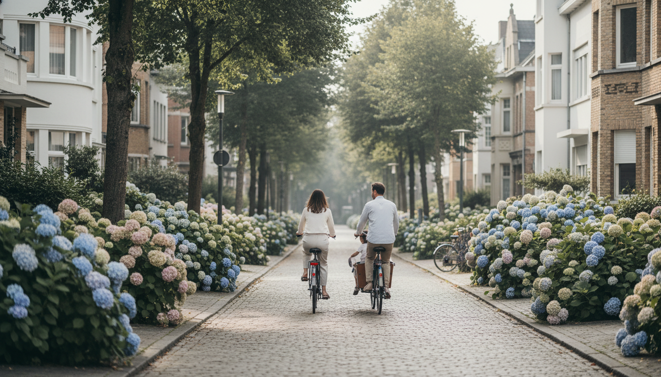 A tree-lined residential street in Christus-Koning with Art Deco houses, front gardens full of hydra