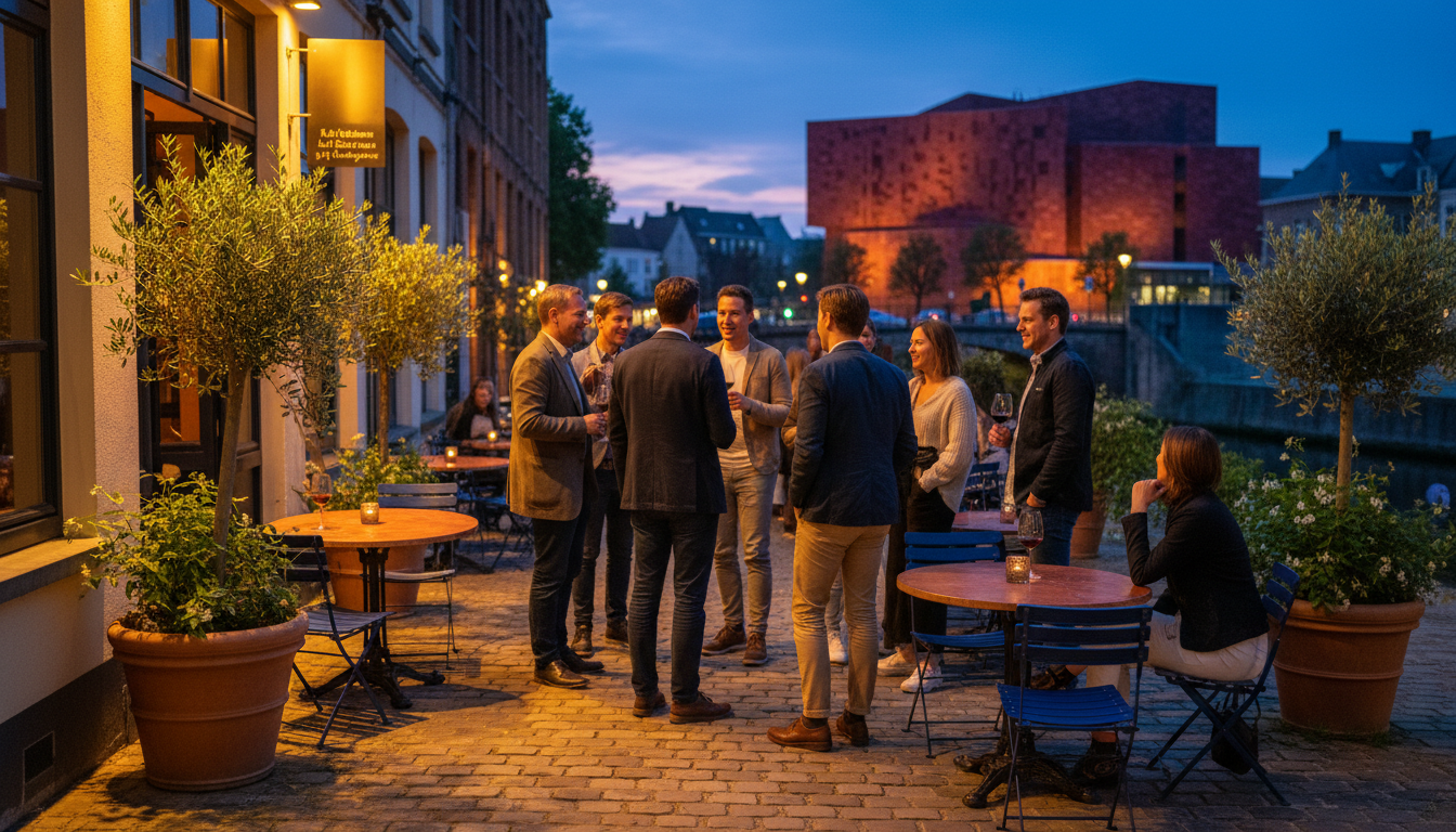 Evening scene outside a cozy wine bar in Sint-Pieters, with warm light spilling onto the sidewalk, y