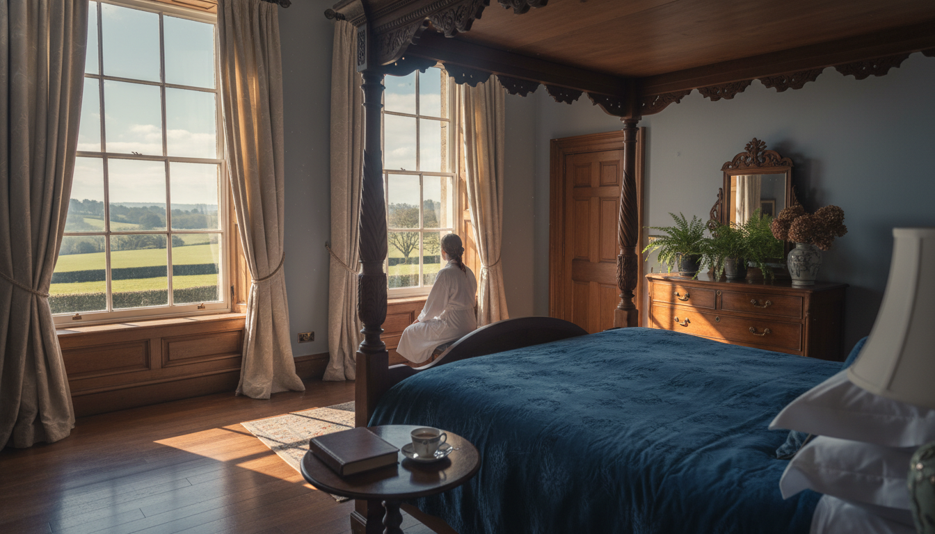 Morning light streaming through tall Georgian windows into a wood-paneled bedroom with a four-poster