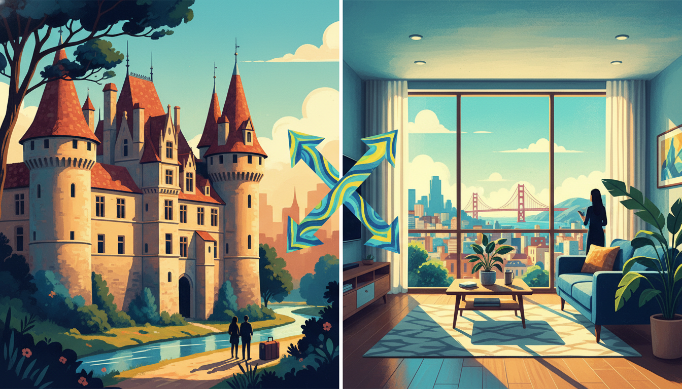 Split scene showing a medieval French chteau exterior on one side and a modern, sunlit San Francisco