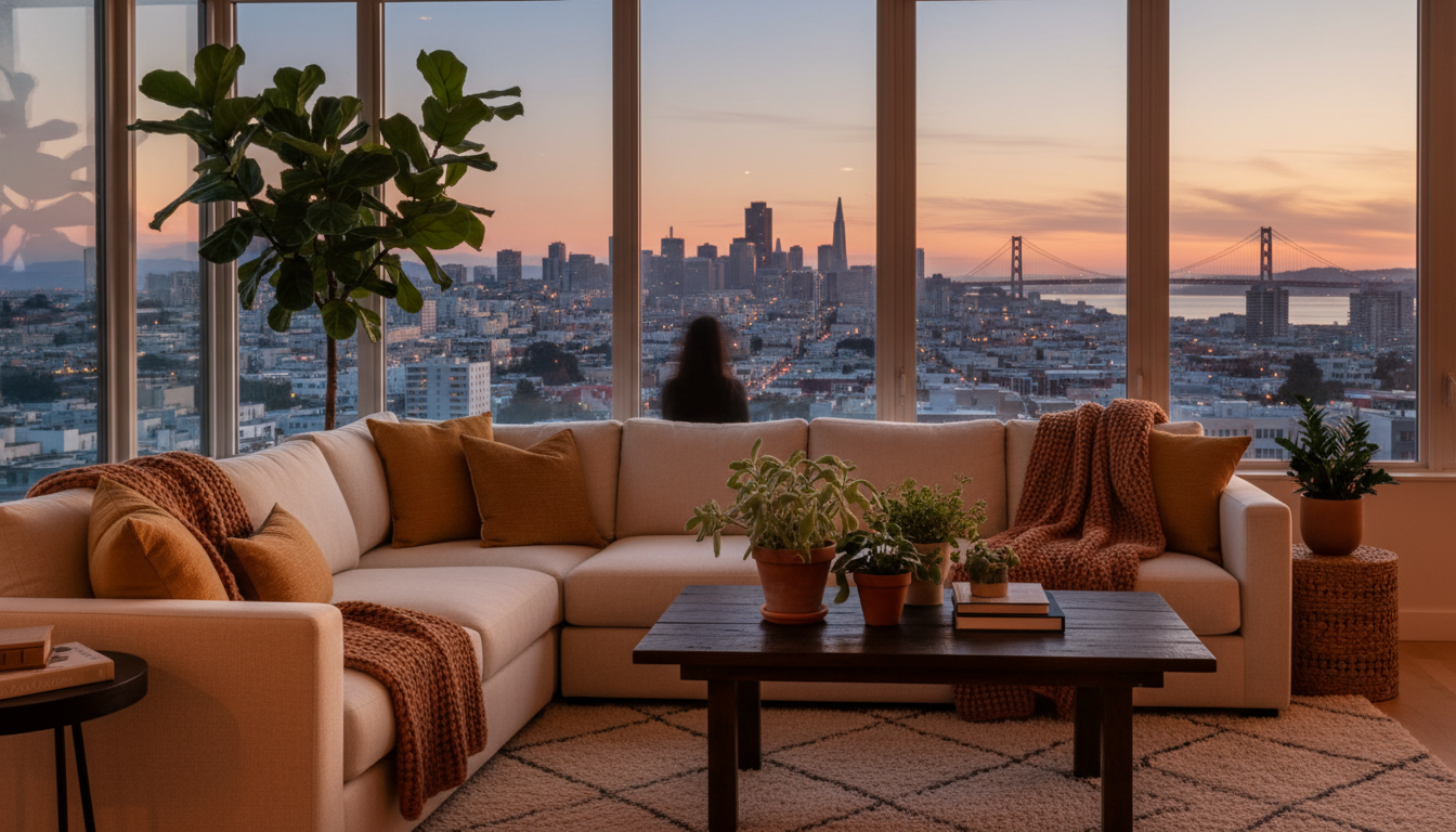 Cozy modern apartment interior with large windows showing San Francisco skyline at dusk, warm lighti