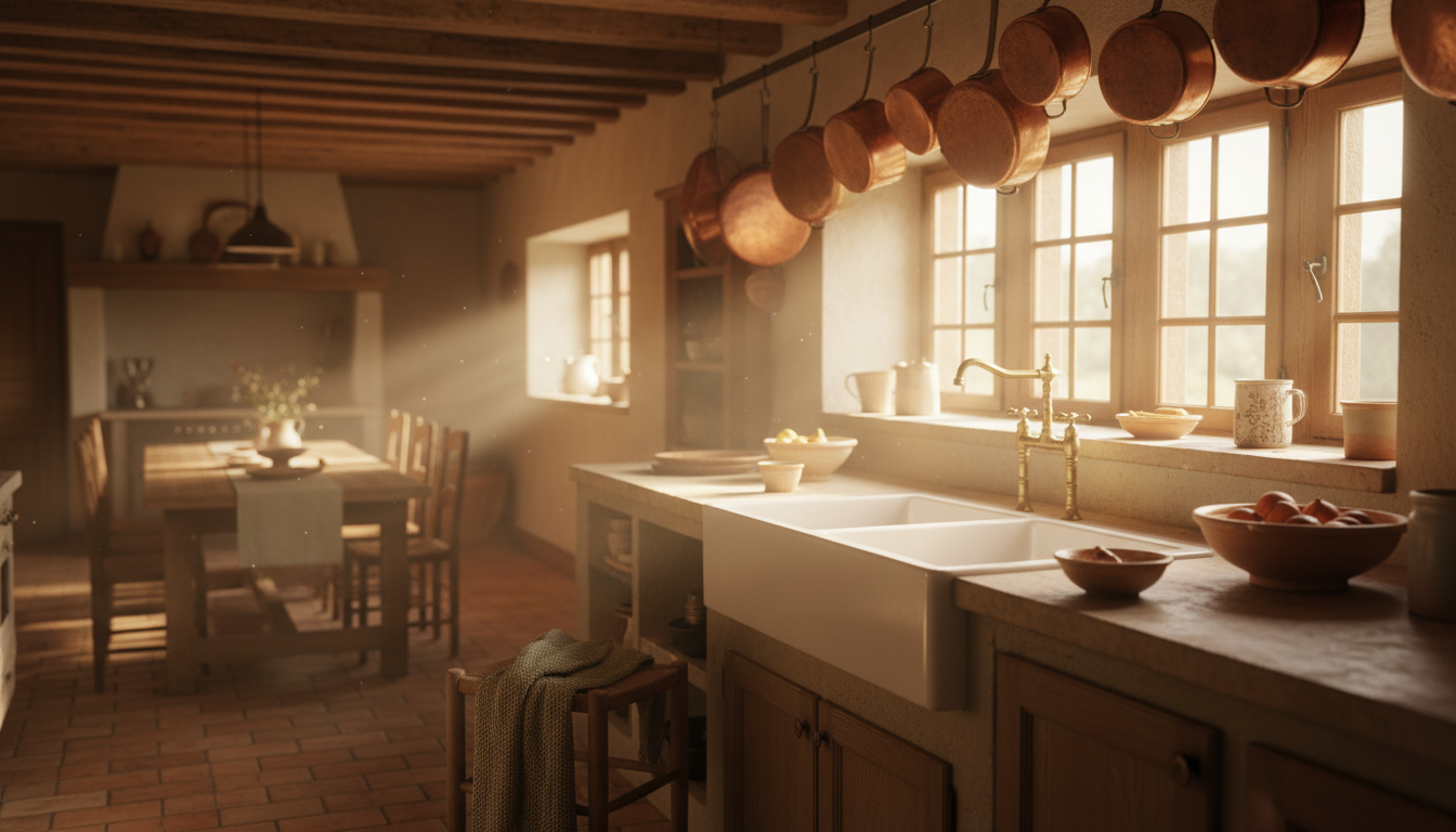 Rustic kitchen in a French country house with copper pots hanging from beams, a large farmhouse sink