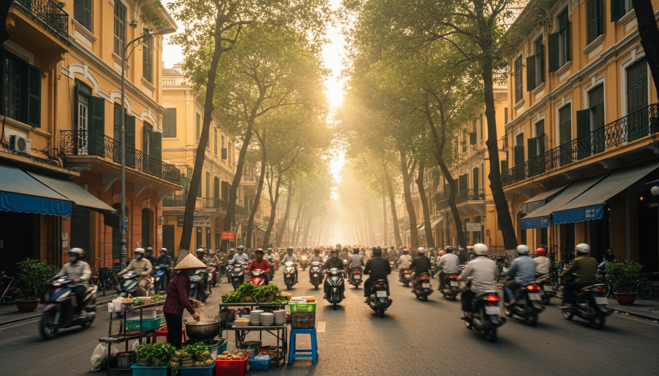 Early morning street scene in Ho Chi Minh Citys District 1, motorbikes streaming past colonial Frenc