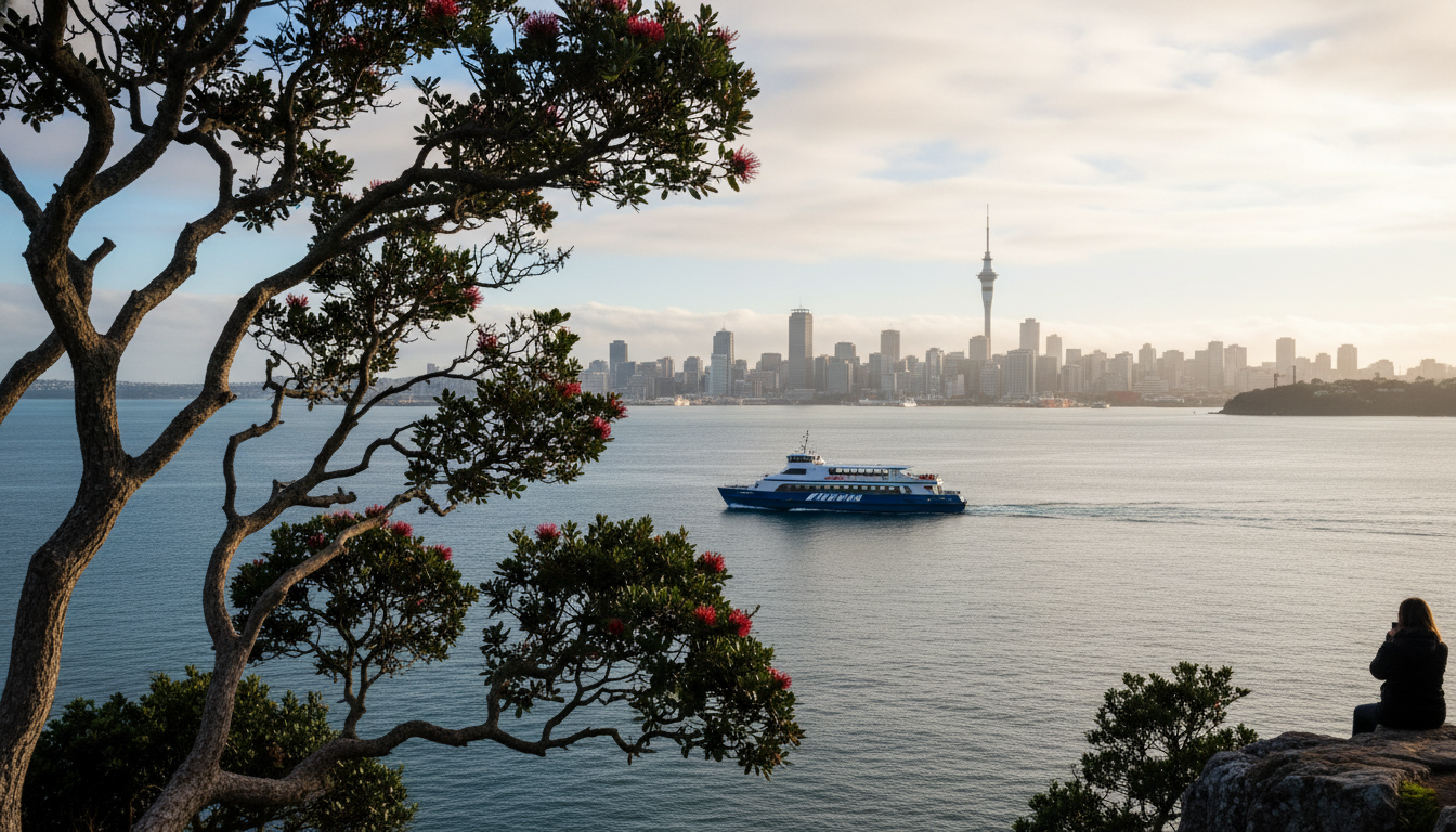 Early morning view from Devonports North Head looking across the harbour toward Aucklands skyline, w
