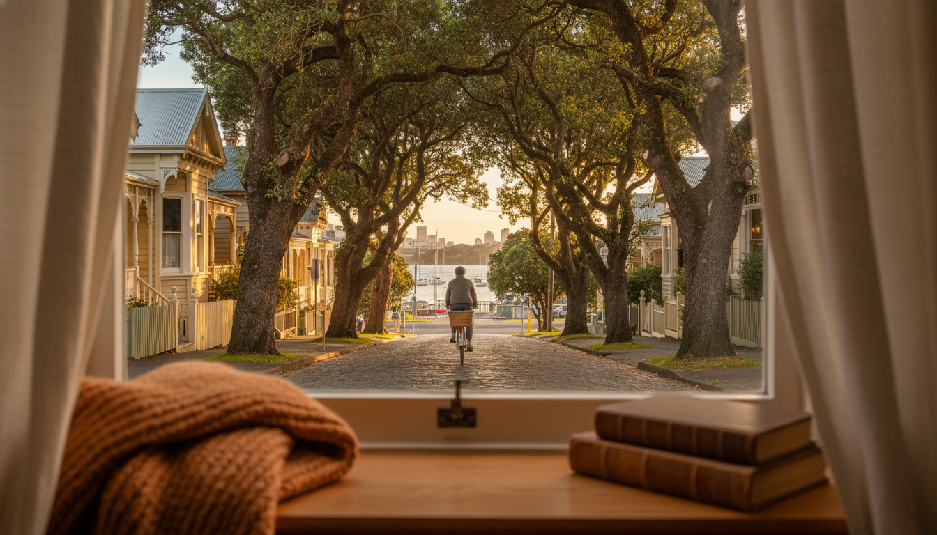 Victorian-era wooden villas lining a tree-canopied street in Devonport, with a glimpse of the harbou