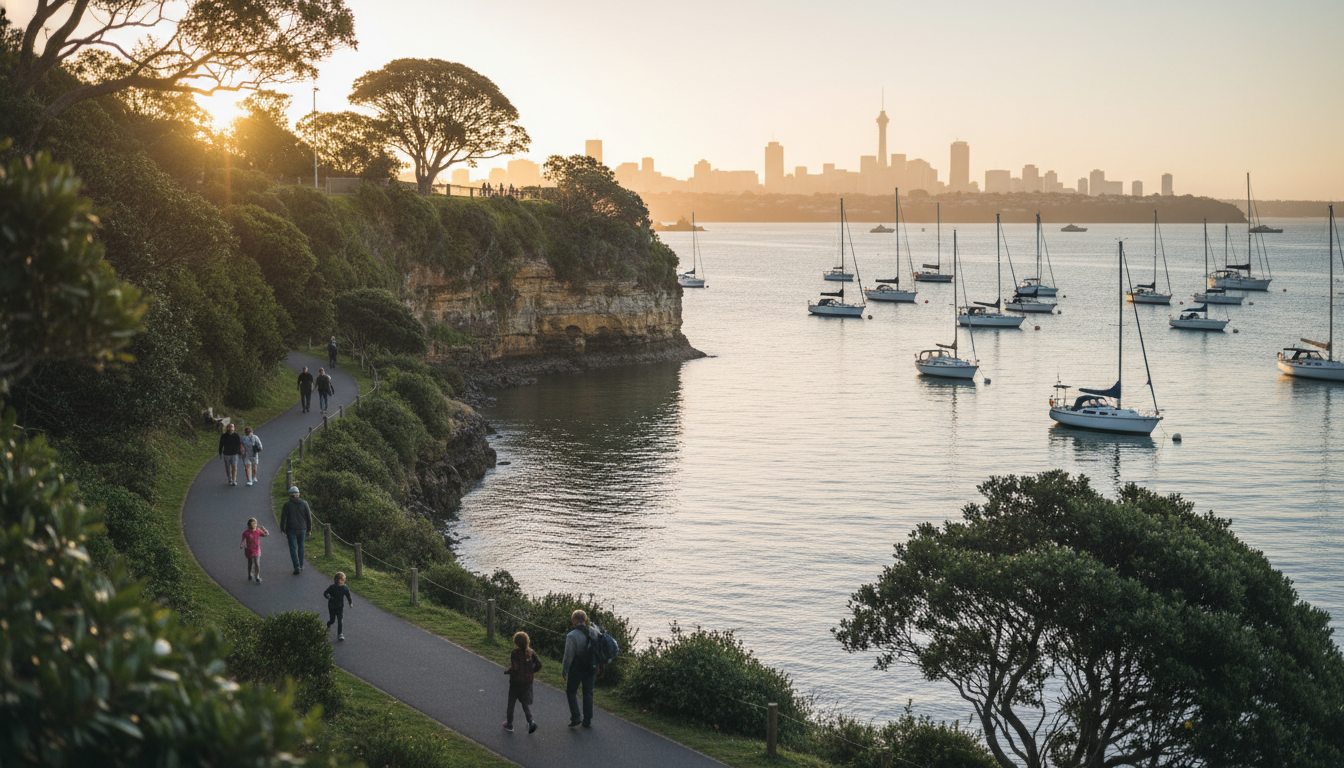 Birkenhead Point waterfront at golden hour, with small boats moored in the harbour and families walk