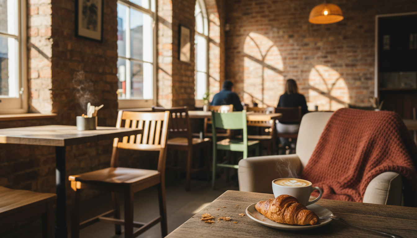Interior of a cozy Kingsland caf with exposed brick, mismatched furniture, and morning light streami