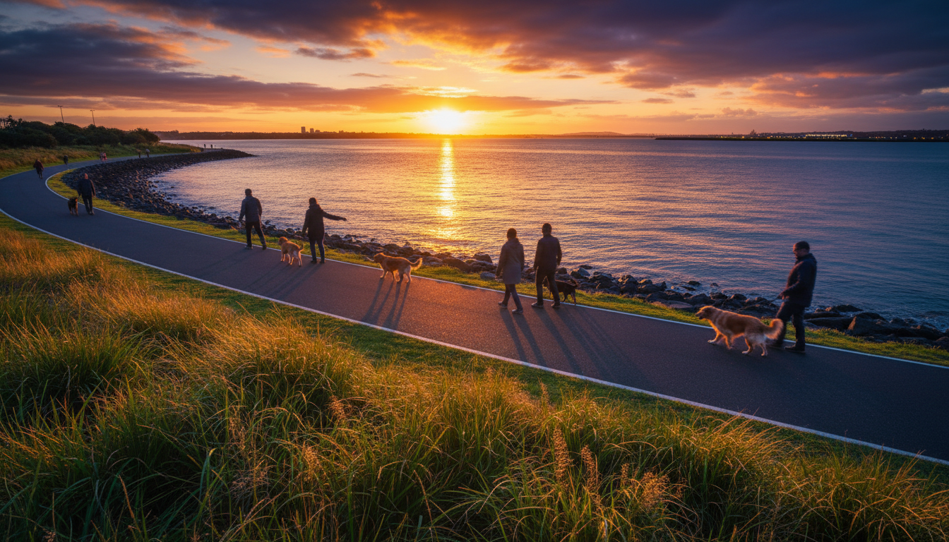 Onehunga Bay Reserve at sunset, with the Manukau Harbour in the background and locals walking dogs a
