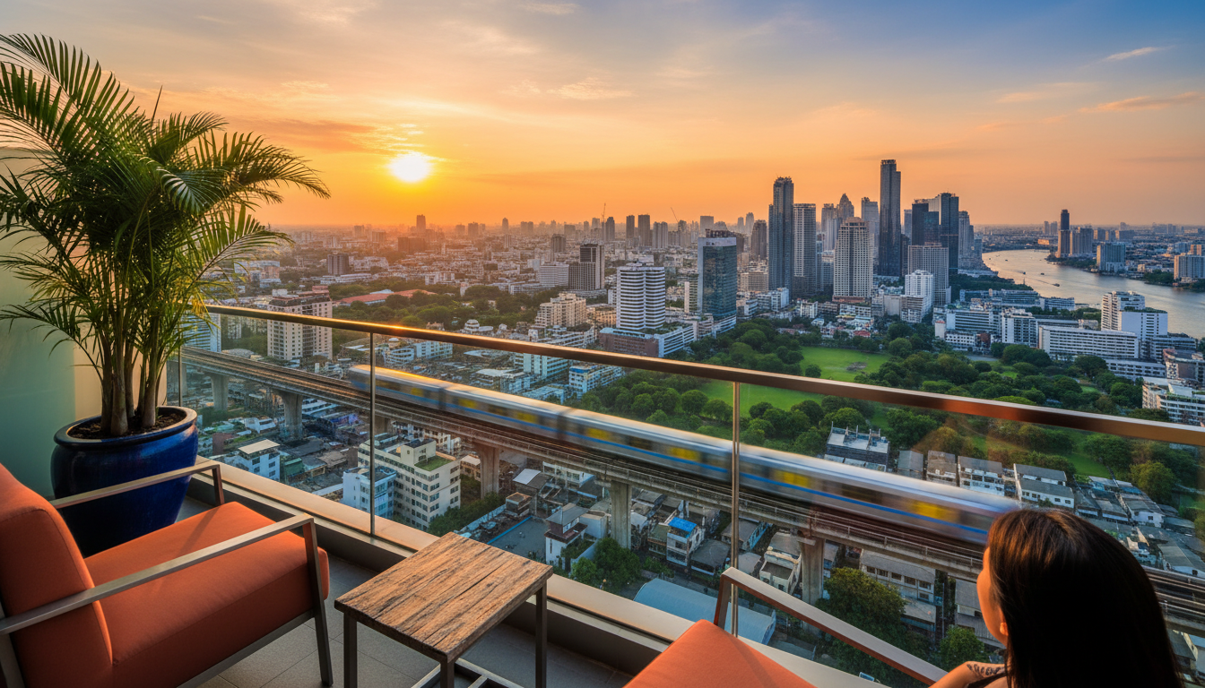 panoramic view from a high-rise condo balcony in Sukhumvit at golden hour, BTS train visible below,