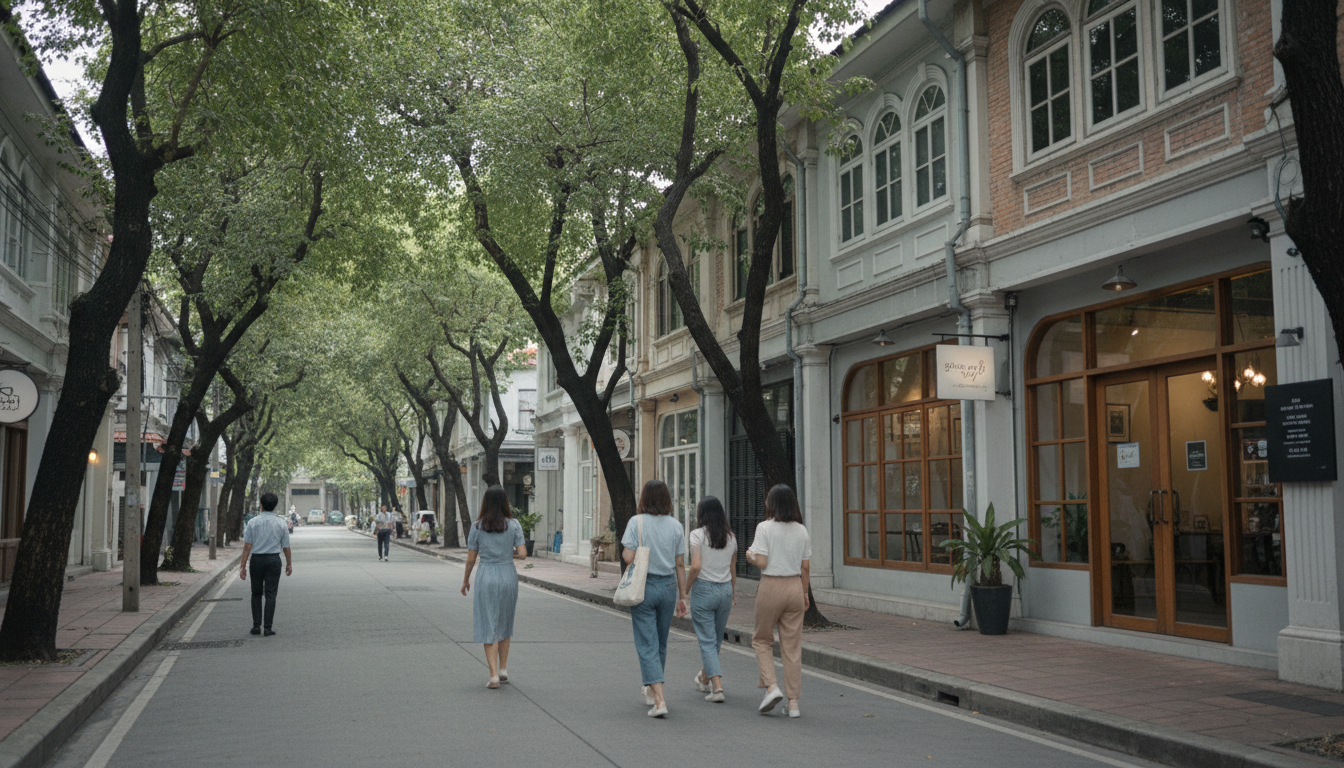 tree-lined street in Ari neighborhood with local coffee shops, vintage shophouses, and young Thai pr