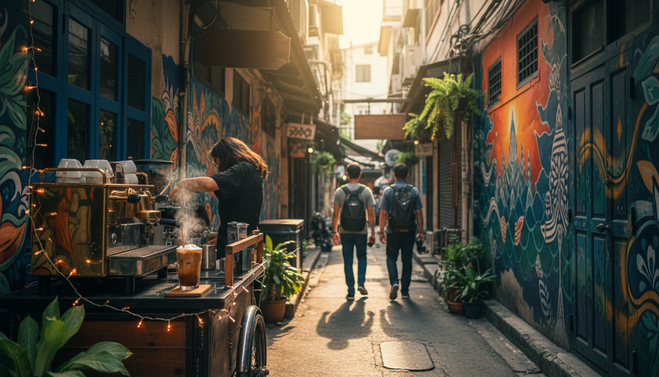narrow alley in Talat Noi with street art murals, vintage shophouse facades, and a local coffee cart
