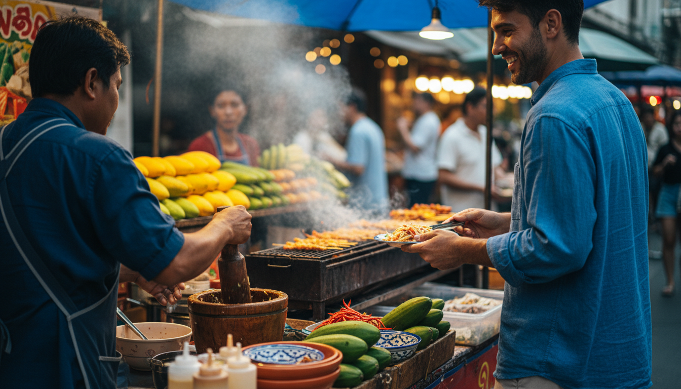 friendly interaction at a street food stall in Sukhumvit, vendor serving som tam to a smiling custom
