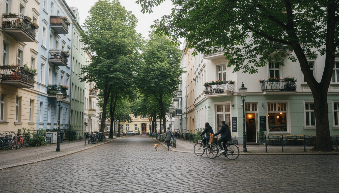 Classic Prenzlauer Berg street with cobblestones, chestnut trees, pastel-colored Altbau buildings wi
