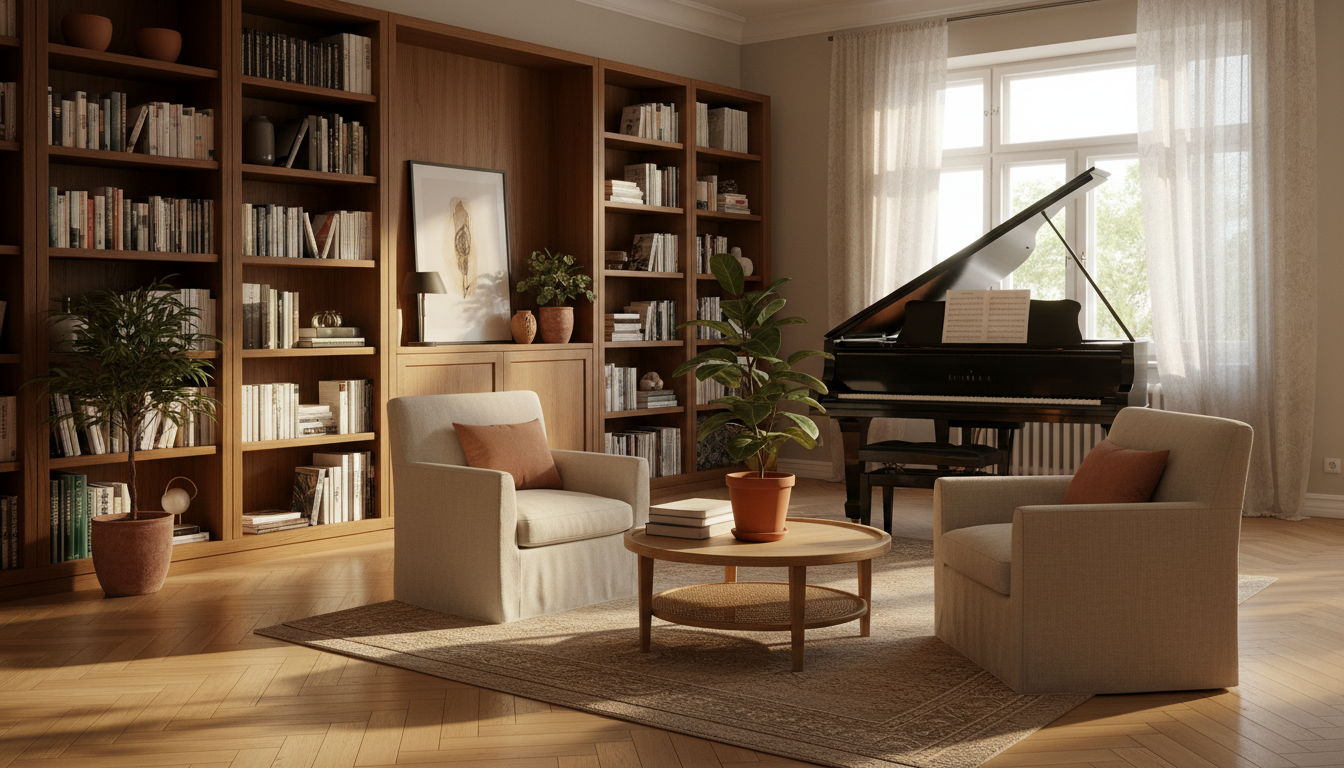 Elegant Charlottenburg apartment interior with parquet floors, a grand piano in the corner, floor-to