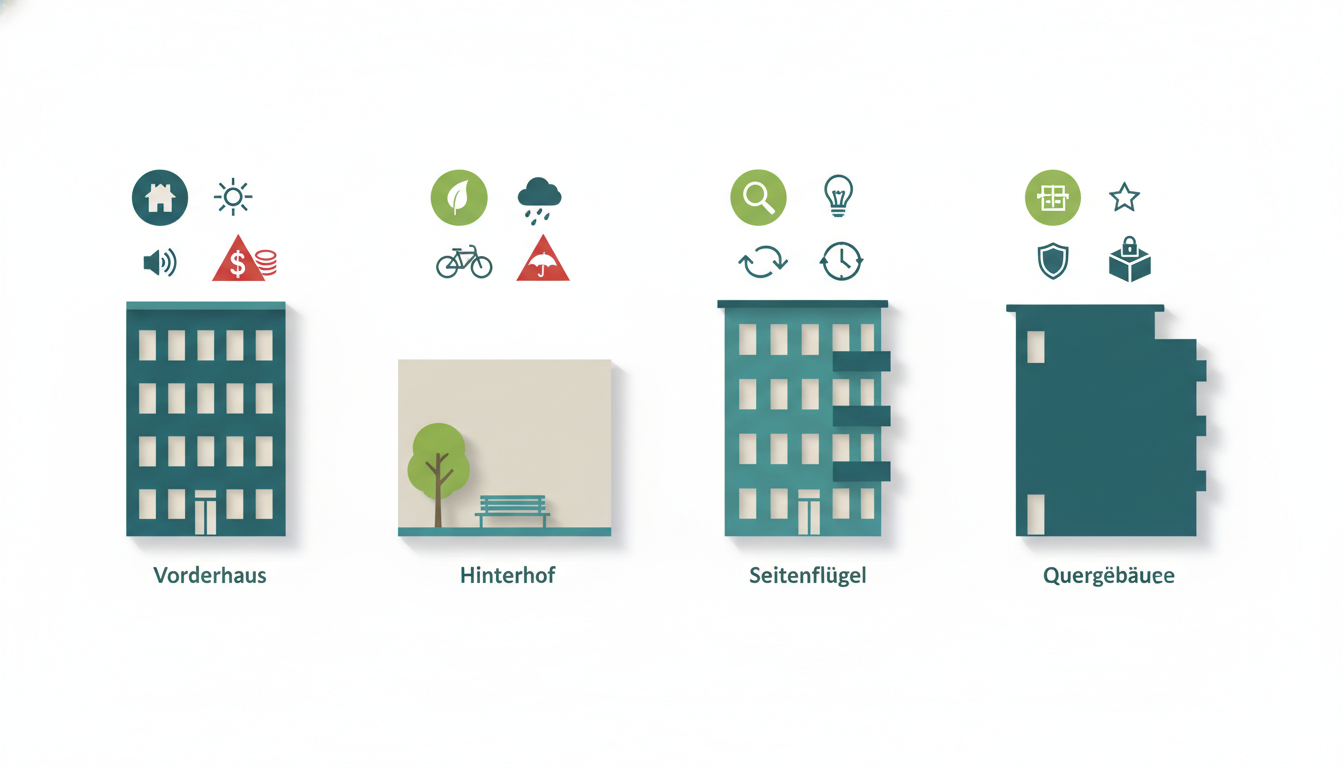 Infographic showing cross-section of typical Berlin apartment building with labels Vorderhaus front