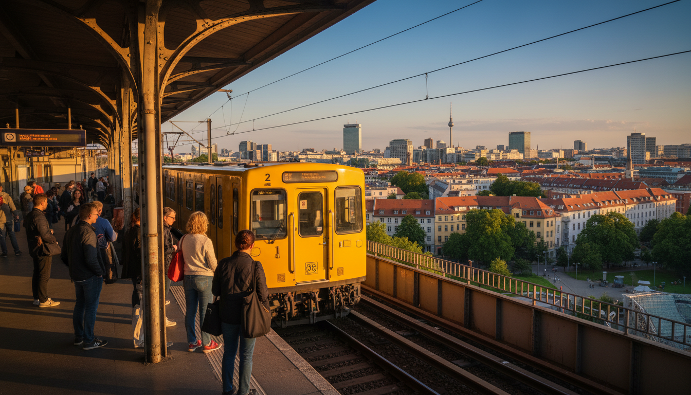 Yellow Berlin U-Bahn train arriving at an elevated station at golden hour, passengers waiting on pla