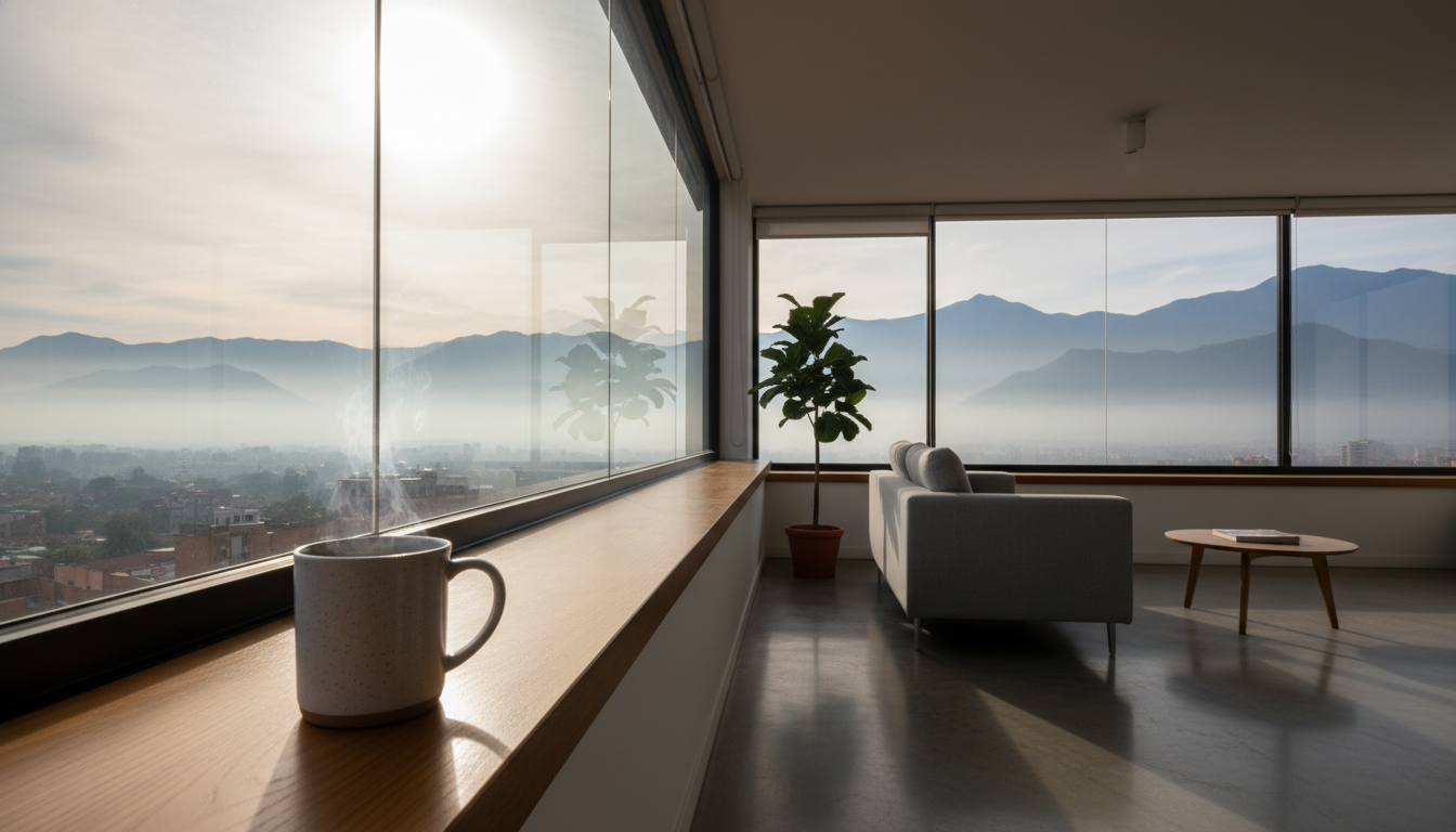 Morning light filtering through floor-to-ceiling windows of a modern Chapinero apartment, with a ste