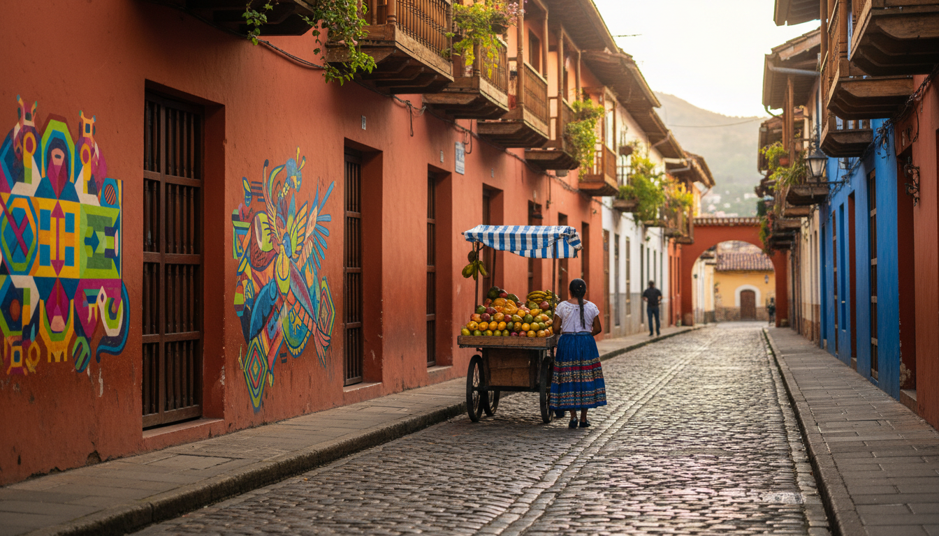 Narrow cobblestone street in La Candelaria with colonial buildings painted in terracotta and cobalt