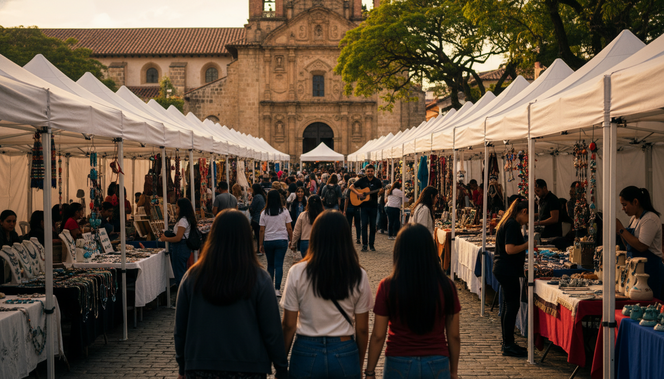 Sunday flea market in Usaquns main plaza, with white tents, crowds browsing handmade jewelry and vin