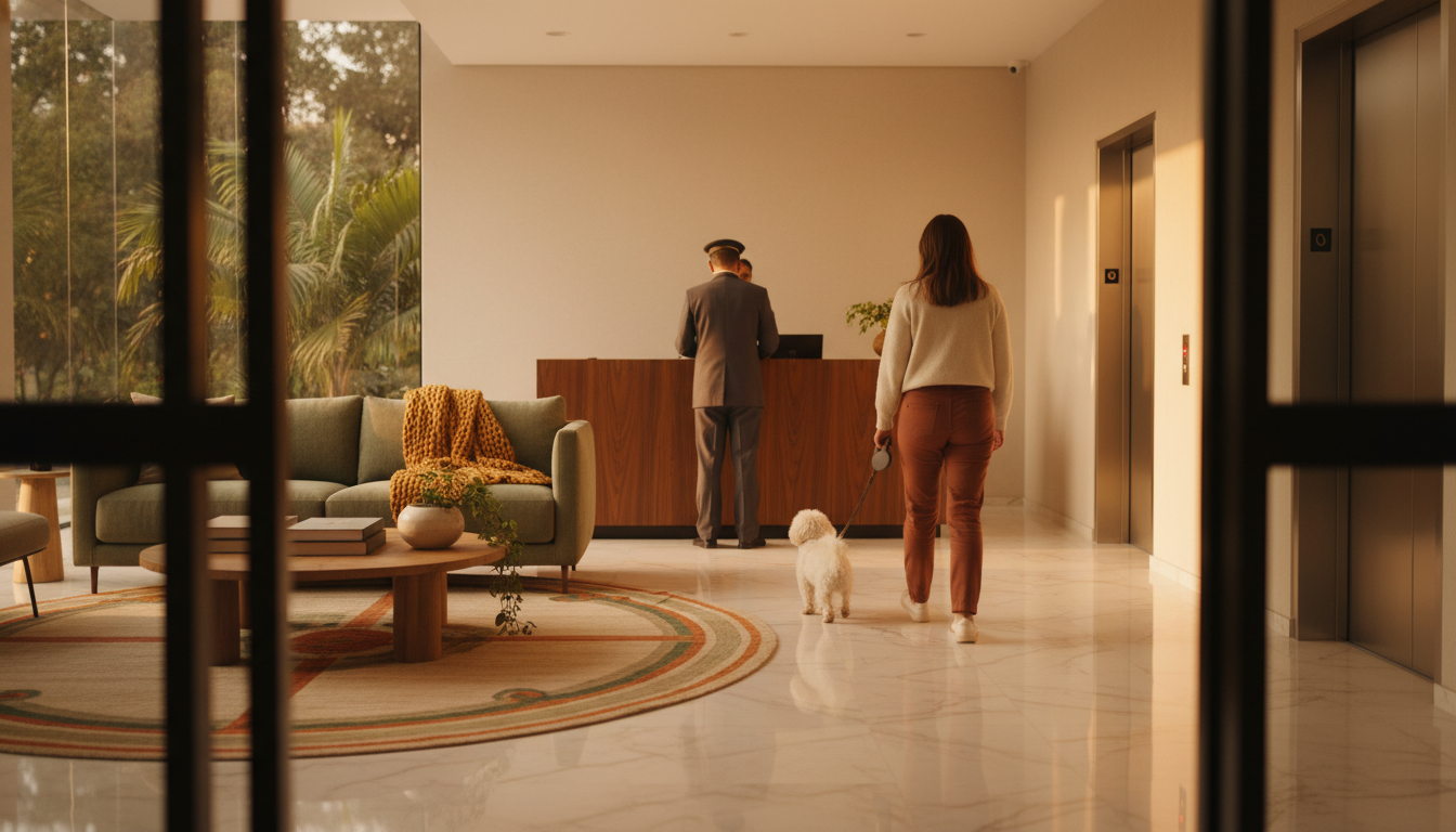 Modern apartment building lobby in Bogot with a uniformed portero at the desk, marble floors, and a