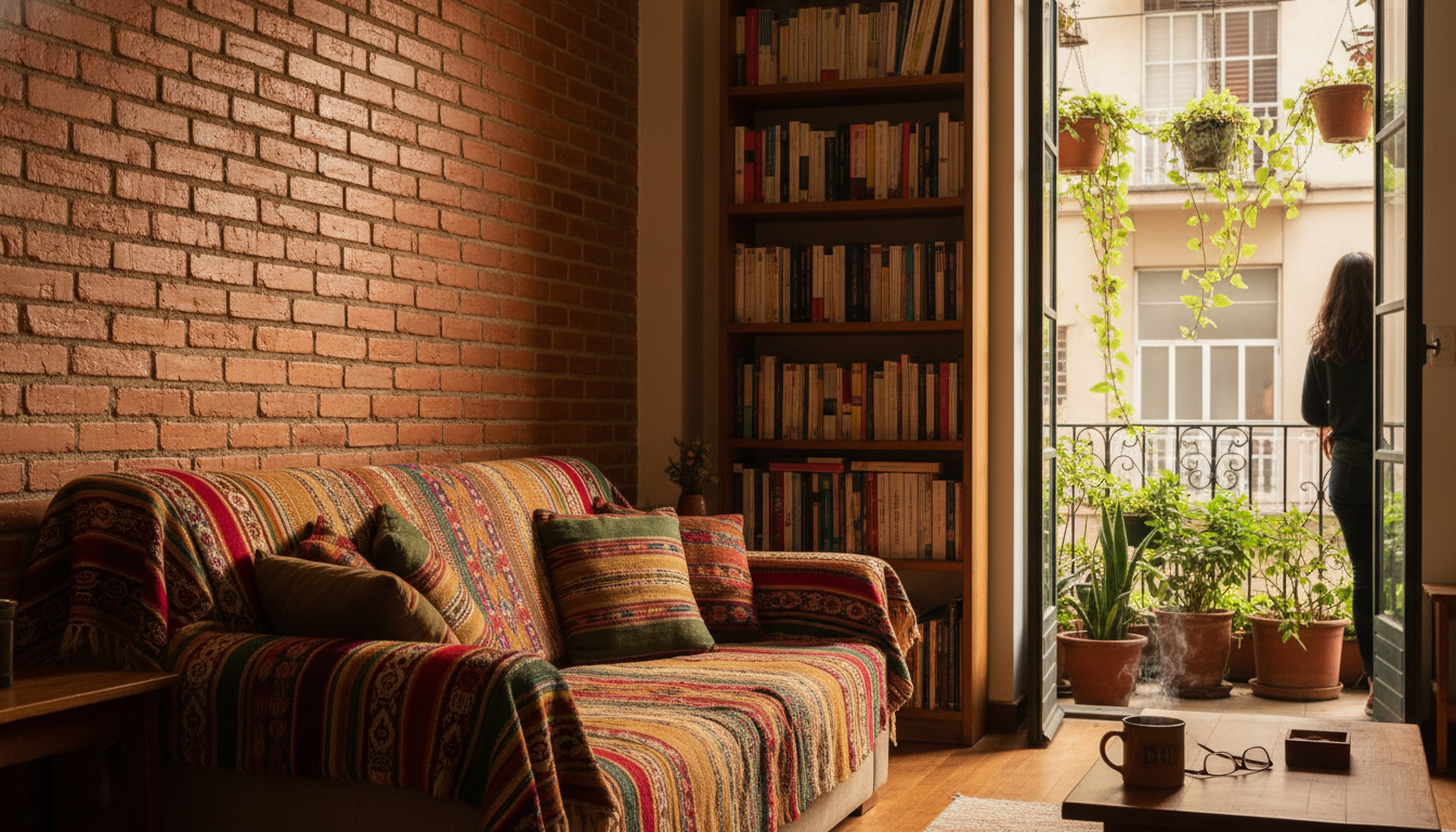 Cozy living room in a Bogot apartment with exposed brick wall, comfortable sofa with colorful Colomb