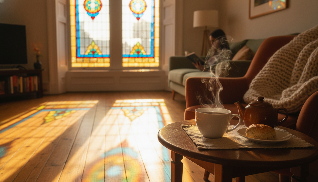 Morning light streaming through the stained glass window of a Victorian Cork townhouse, casting colo