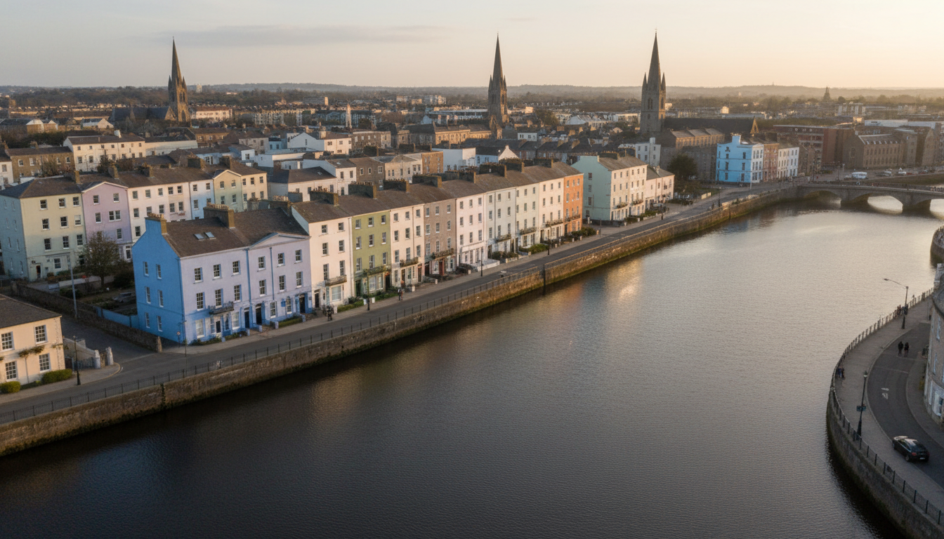 Aerial view of Corks Victorian Quarter at golden hour, showing rows of colorful Georgian townhouses