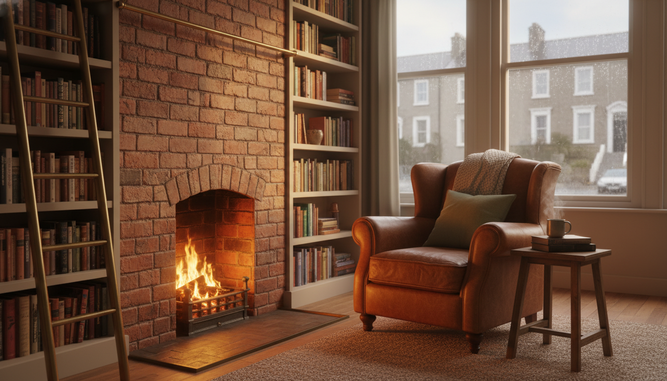 Cozy living room in a Cork townhouse with exposed brick fireplace, floor-to-ceiling bookshelves, wor