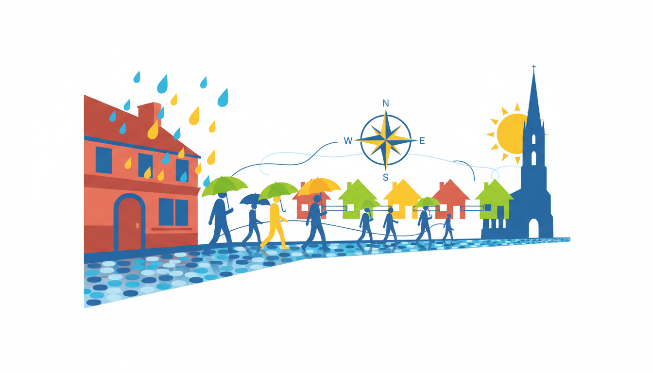 Narrow Cork street after rain, cobblestones gleaming, with a red-doored pub on the corner and locals