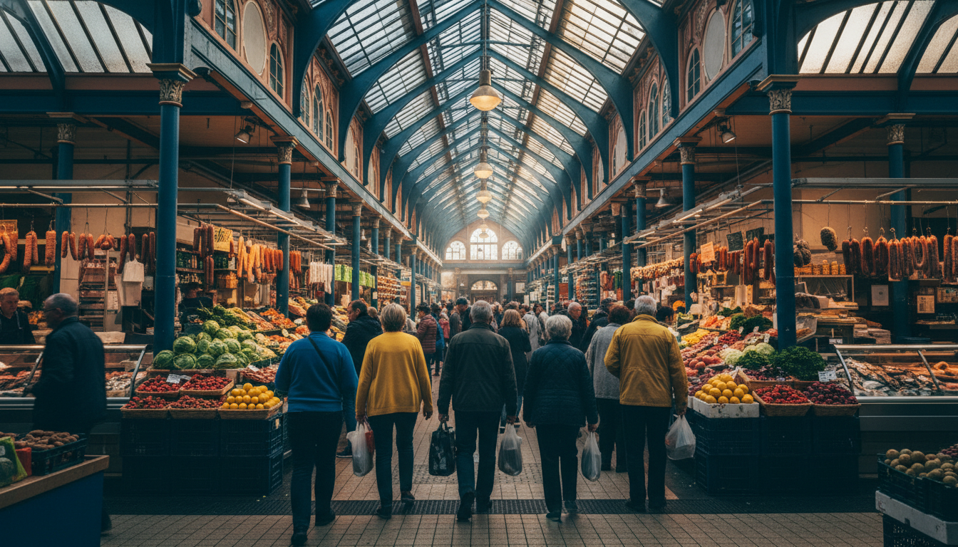 Interior of the English Market in Cork, showing Victorian iron architecture, colorful produce stalls