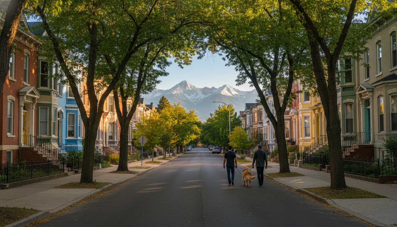 Tree-lined residential street in Denvers Highlands neighborhood, Victorian homes with colorful doors