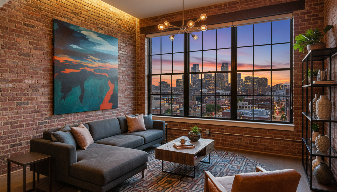 Interior of a RiNo loft apartment with exposed brick walls, large abstract art, floor-to-ceiling win