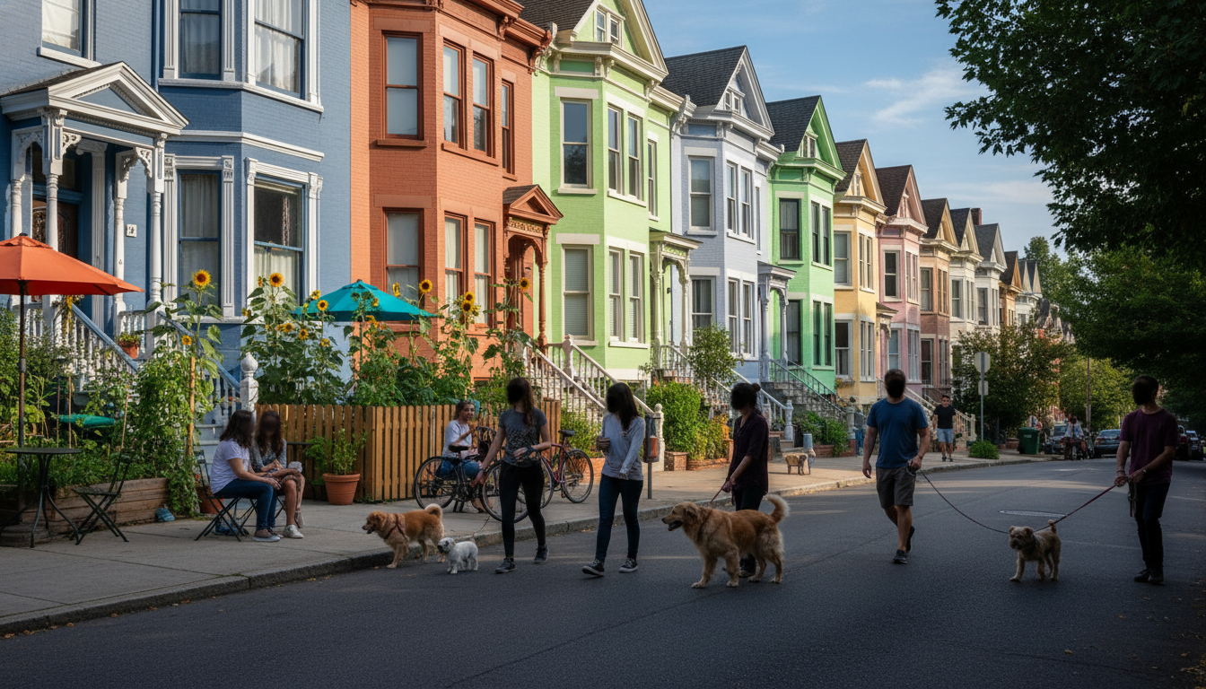 Colorful Victorian row houses on a Capitol Hill street, diverse group of people walking dogs and sit