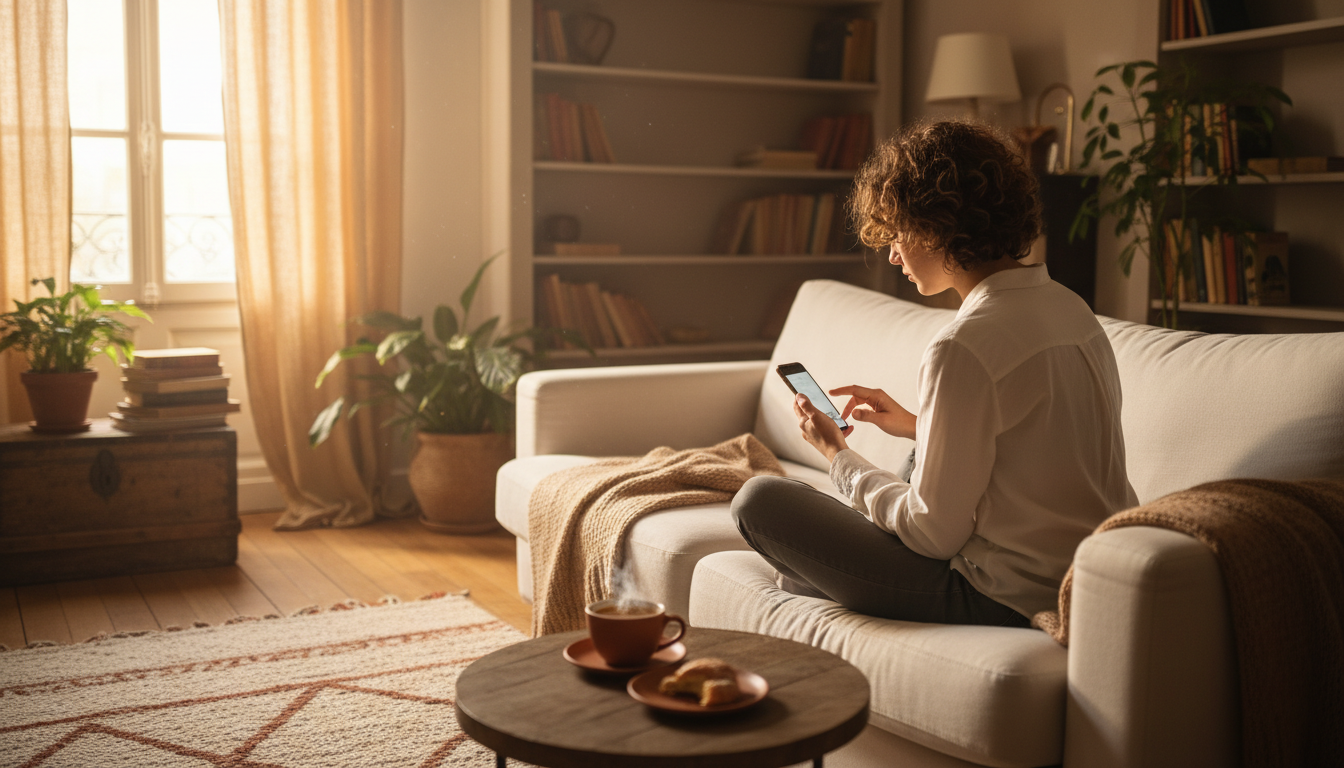A traveler sitting in a cozy European apartment living room, phone in hand with a concerned but calm