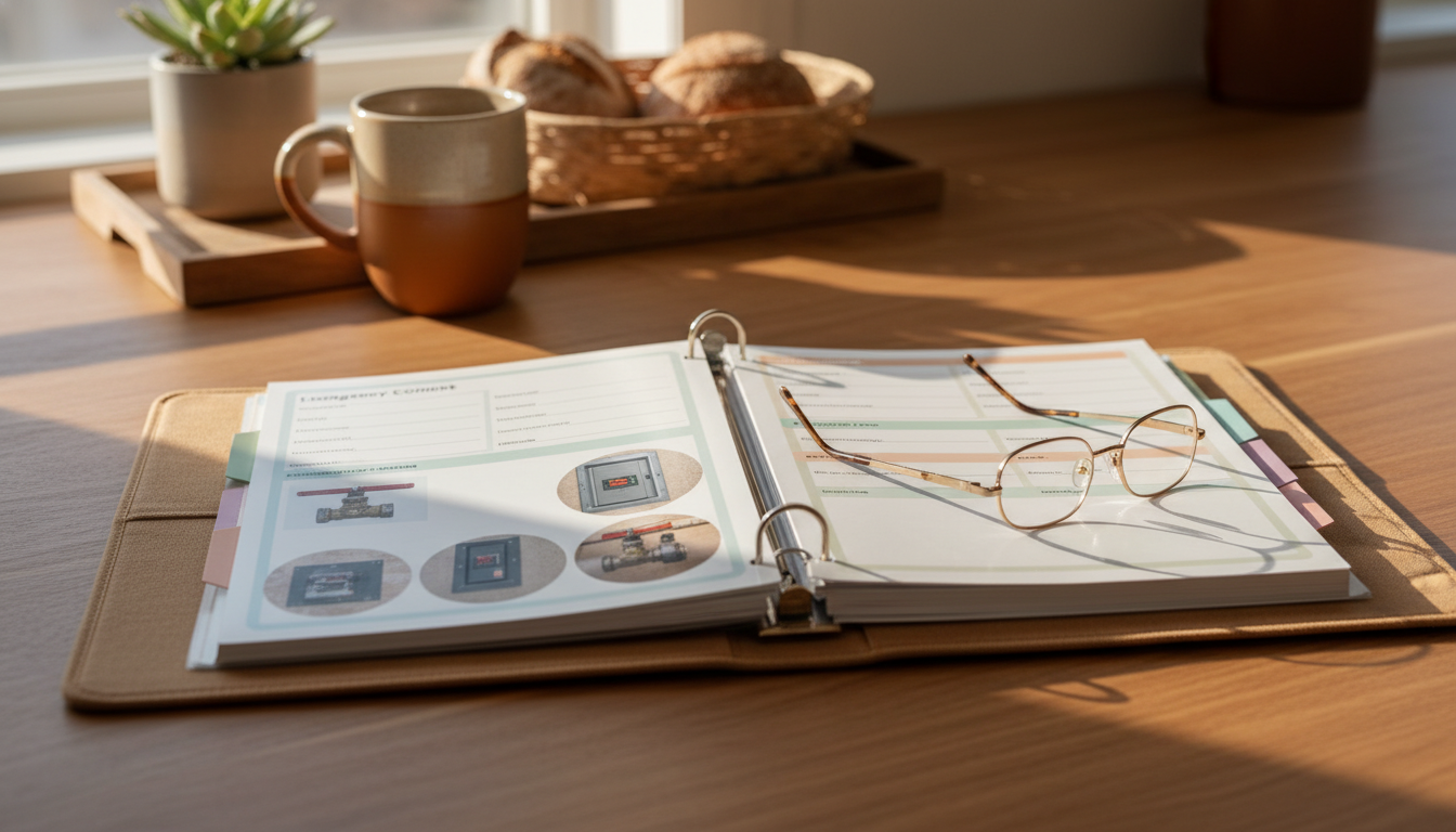 A neatly organized emergency binder open on a kitchen counter, showing laminated pages with clear he