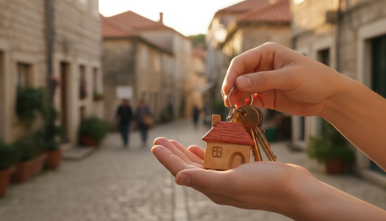 Close-up of hands holding a set of house keys with a distinctive keychain, a European cobblestone st