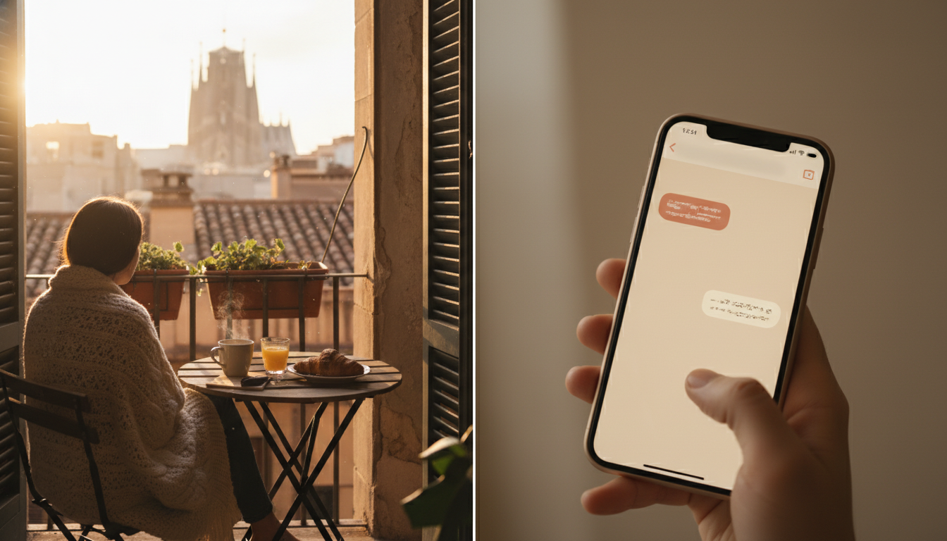 Split-screen style composition showing a cozy Barcelona apartment balcony with morning coffee on one