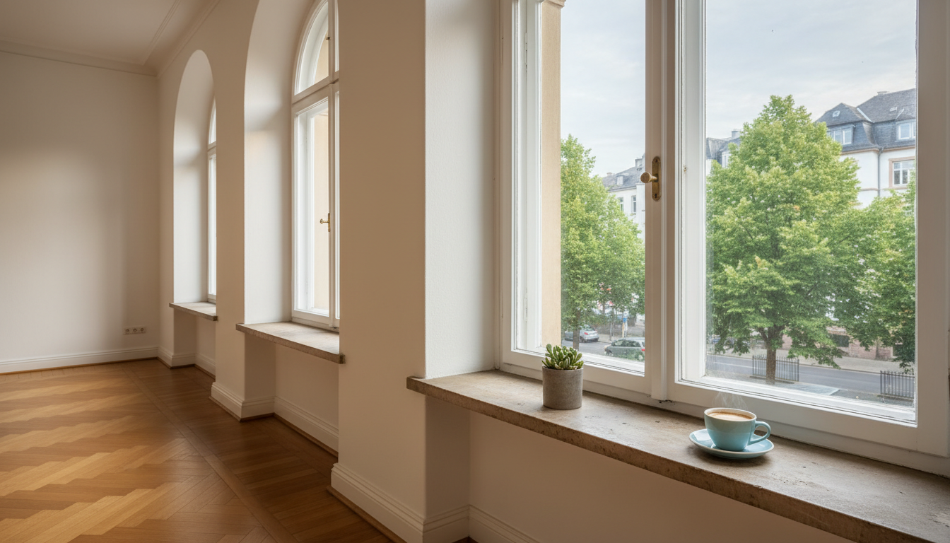 Morning light streaming through tall windows of a classic Frankfurt Altbau apartment, wooden floors,