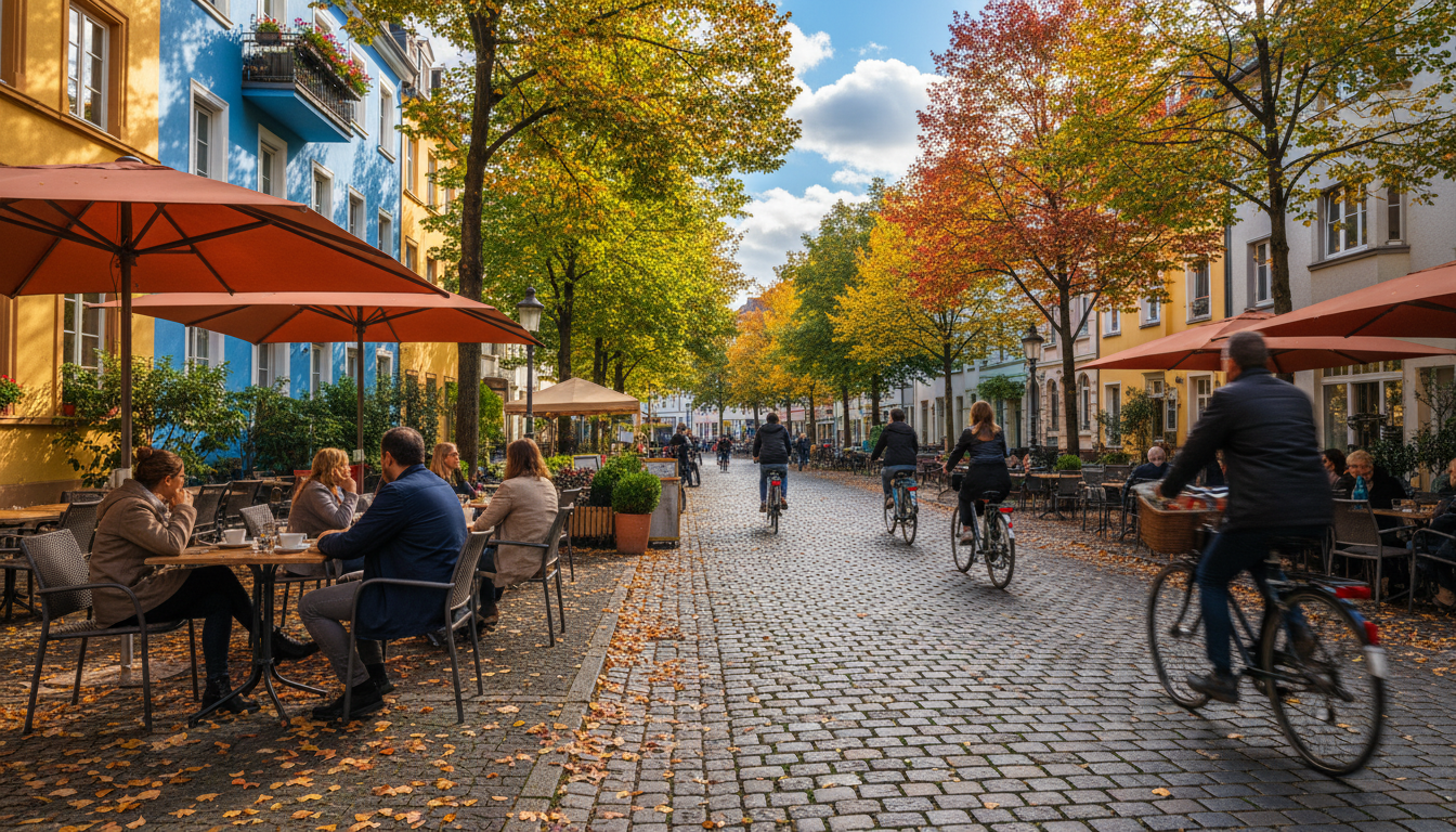 Cobblestone street in Frankfurts Nordend neighborhood, outdoor caf tables, locals on bicycles, autum