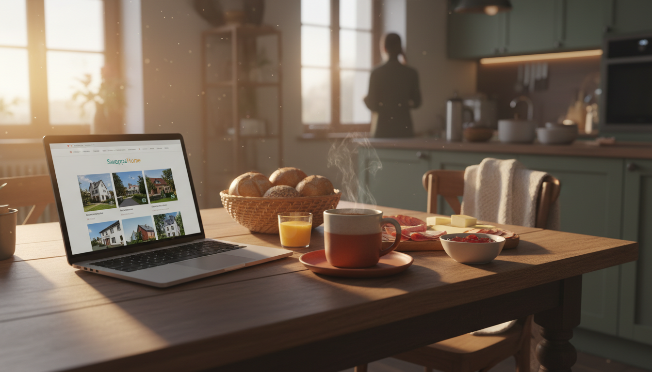 Laptop open on kitchen table showing SwappaHome interface, coffee and German breakfast spread nearby