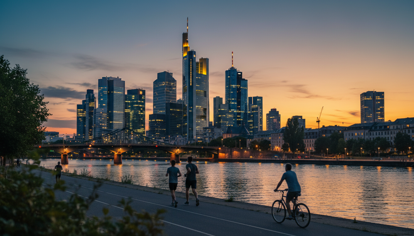 Sunset view of Frankfurt skyline from the Main River bank, joggers and cyclists on the path, city li