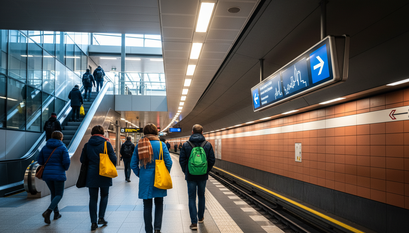 Frankfurt U-Bahn station with modern design, local commuters, clear signage showing city center dire