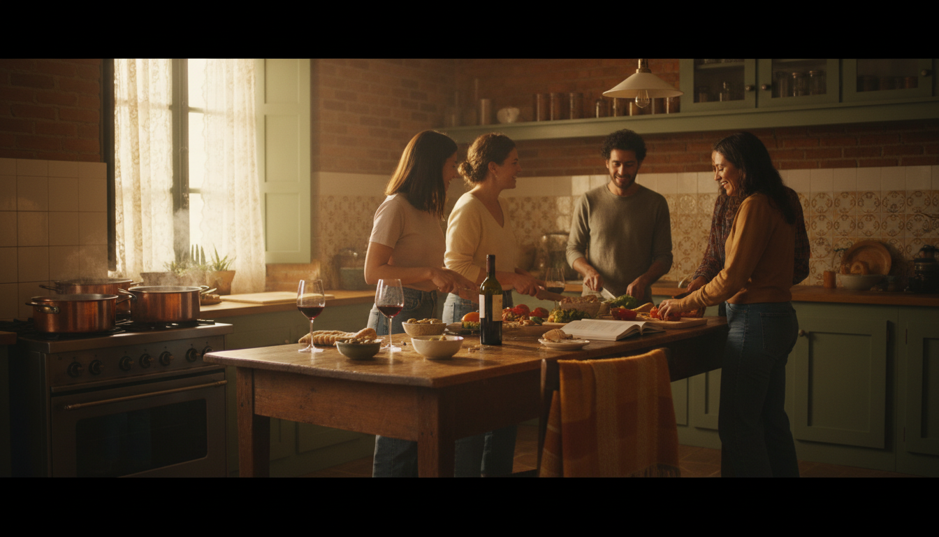Warm kitchen scene in a Portuguese home with friends cooking together, copper pots on the stove, win