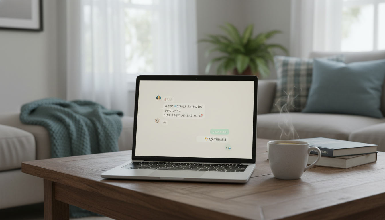 Laptop screen showing a warm message exchange between home swap partners, with a cup of tea beside i