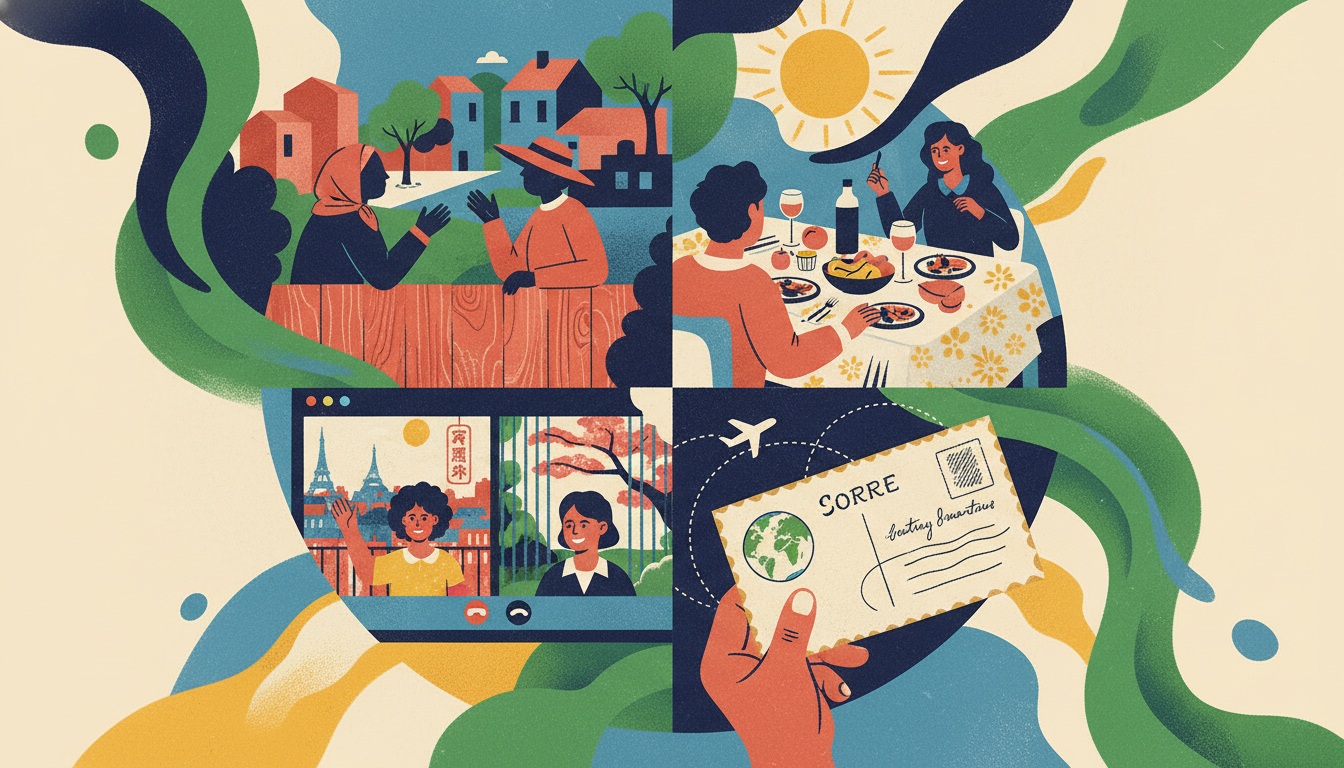 Collage-style illustration showing different types of connections neighbors chatting over a fence, f