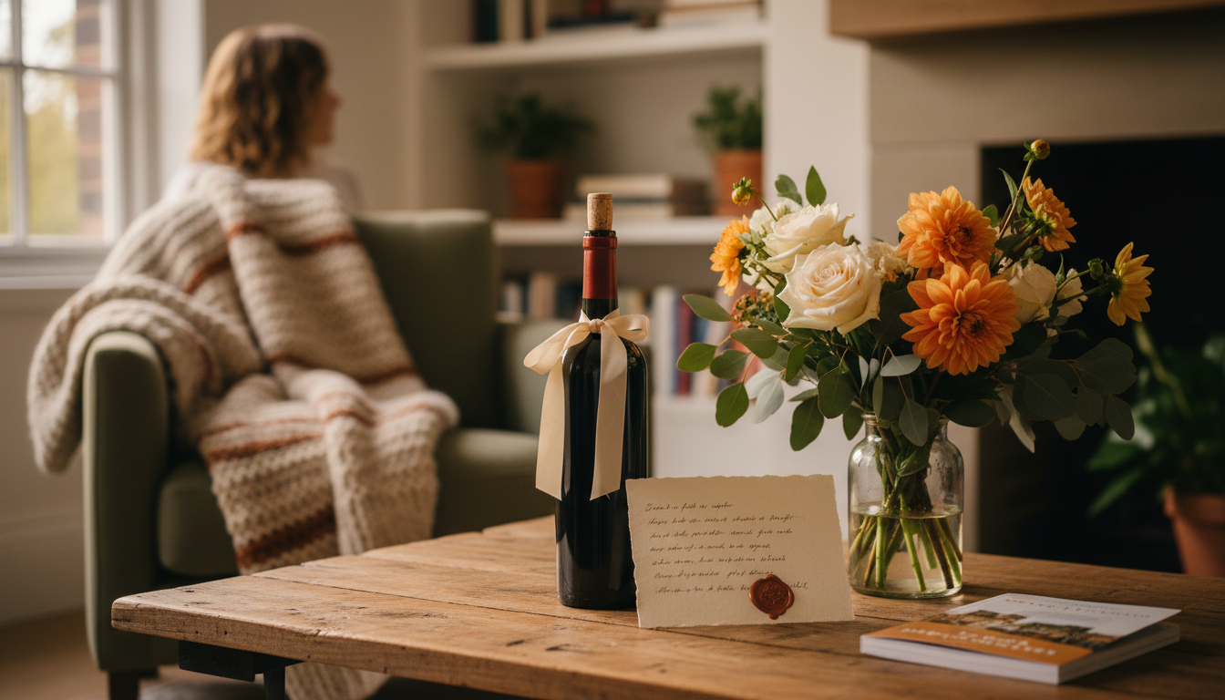 Beautifully set welcome scene in a home exchange bottle of wine with ribbon, handwritten note, fresh
