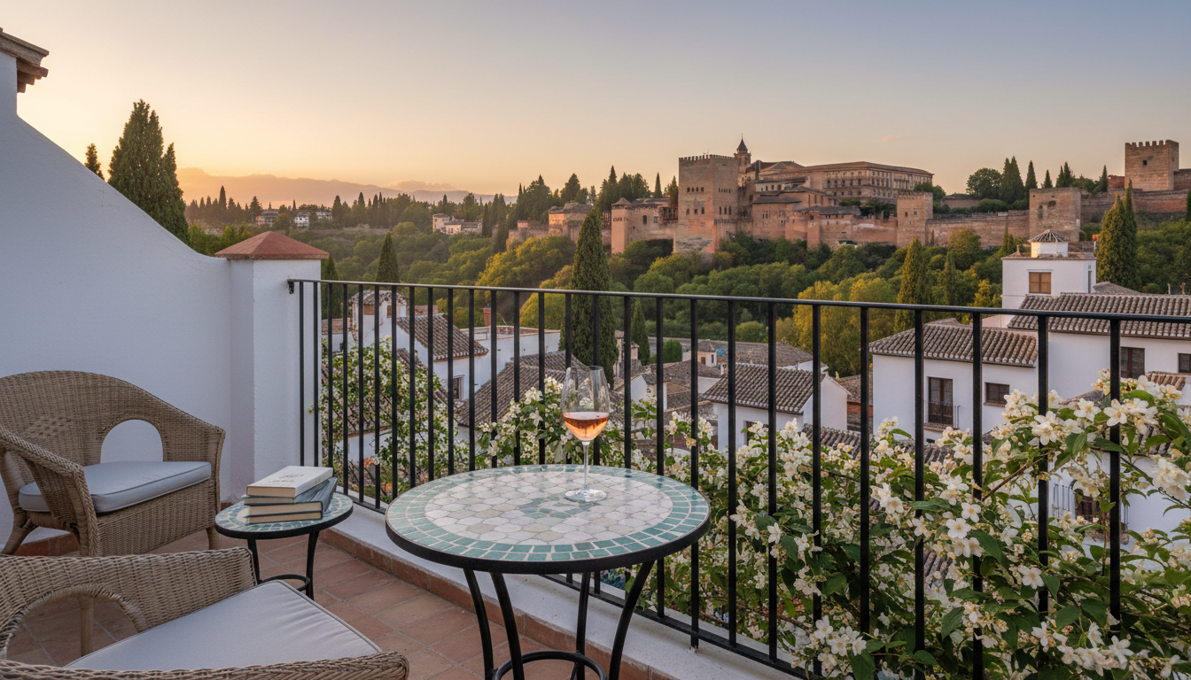 Golden hour view of the Alhambra from a whitewashed Albaicn terrace, wrought-iron railing draped wit