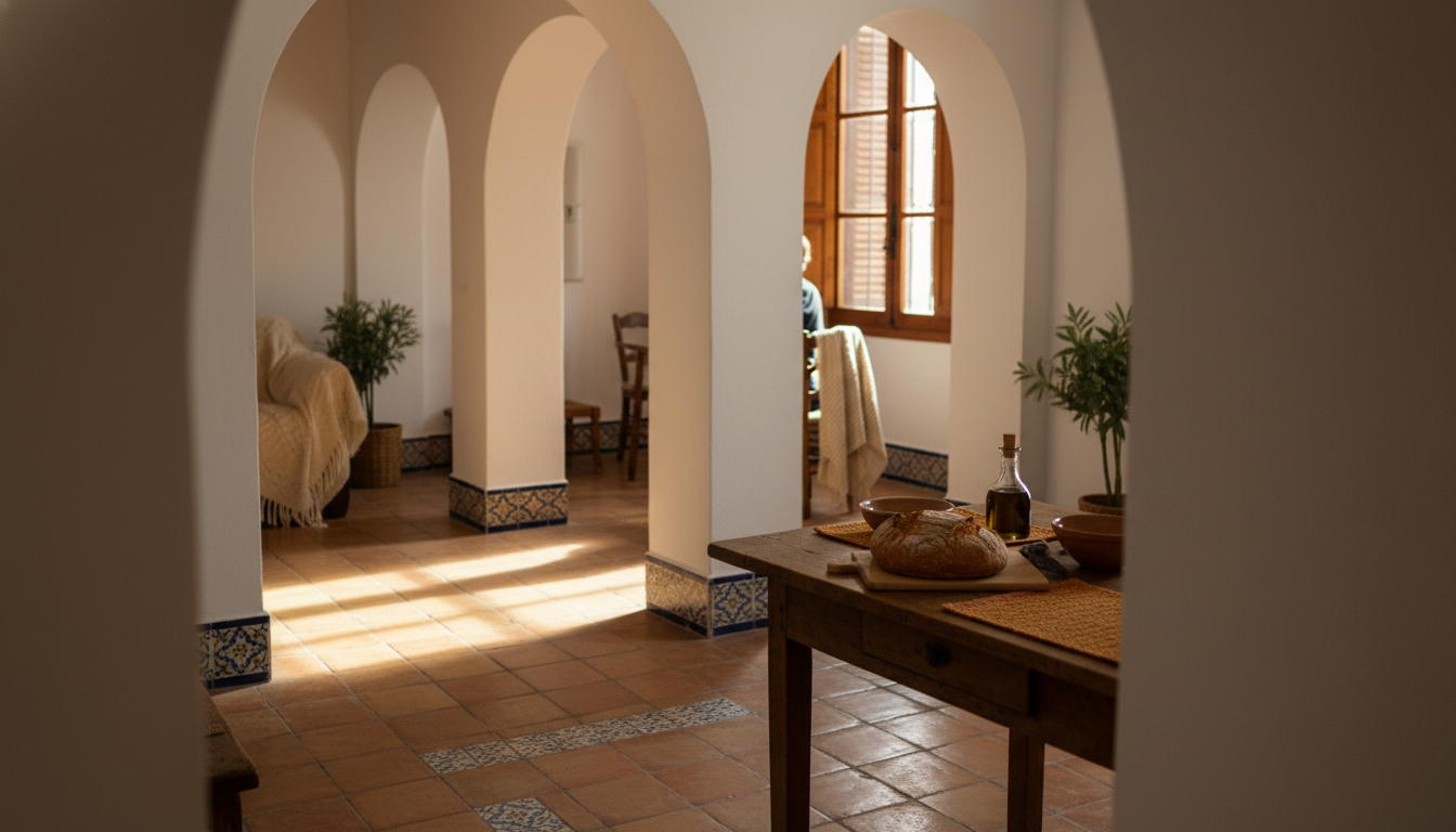 Bright, tile-floored Granada apartment interior with arched doorways, traditional azulejo tiles, and