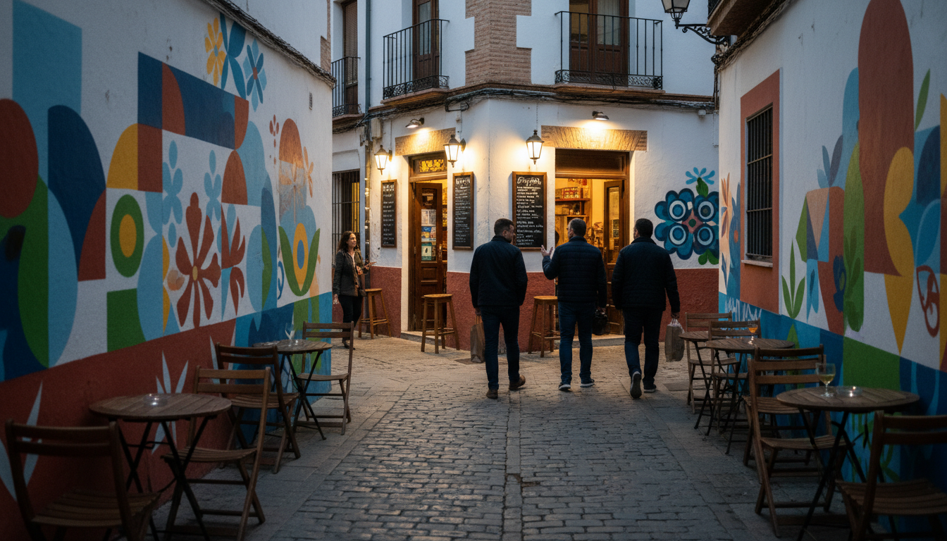 Narrow Realejo street at dusk with colorful street art on white walls, locals walking past a corner